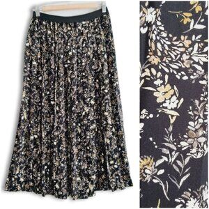 JOE FRESH NEW Pleated Pull-On Elastic Waist Midi Length Skirt Floral Black Sz XS